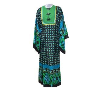 Vintage 70s Floral Hostess Kaftan Dress Green Blue Boho Lounge Maxi Festival